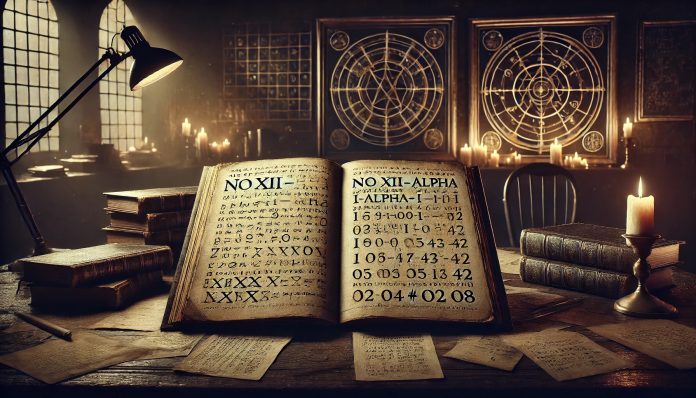 DALL·E 2025-03-09 20.47.30 - A dramatic and atmospheric wide shot of a mysterious ancient manuscript, with cryptic symbols and codes, placed on an old wooden desk in a dimly lit r